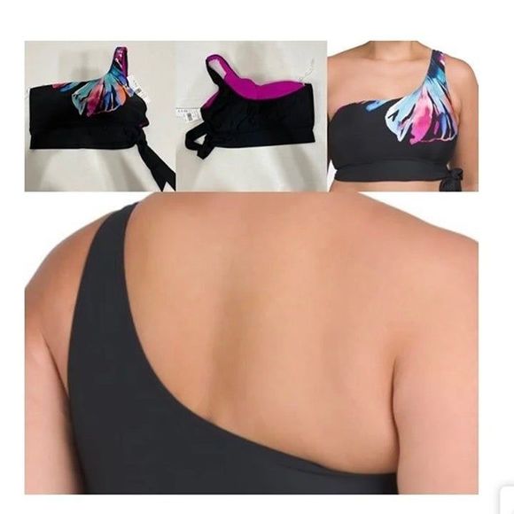 La Blanca NWT Sz 16W Black Multi Plus One Shoulder Swimsuit Top - Picture 2 of 6
